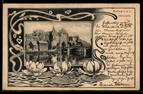 AK Marburg a. d. L., Universität im Jugendstil-Passepartout mit Seerosen