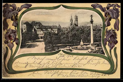 Passepartout-Lithographie Stuttgart, Schlossplatz und altes Schloss, Lilien