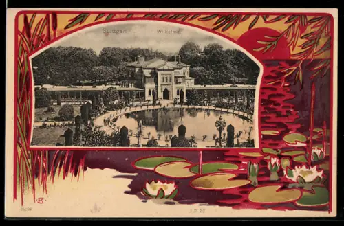 Passepartout-Lithographie Stuttgart, Wilhelma mit Wasserbecken aus der Vogelschau, Teichpartie mit roter Sonne