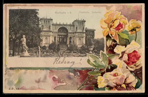 AK Karlsruhe i. B., Festhalle Südseite, Gelbe Blumen, Passepartout