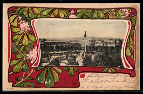AK Stuttgart, Schlossplatz mit Denkmal, Passepartout