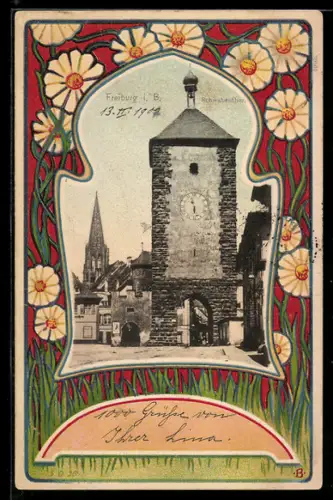 Passepartout-Lithographie Freiburg i. Br., Schwabenthor, Blumenrahmen