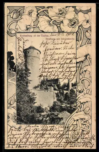 AK Rothenburg ob der Tauber, Strafturm mit Jakobskirche im Jugendstil-Passepartout
