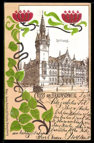 Künstler-AK Braunschweig, Rathaus im Jugendstil-Passepartout