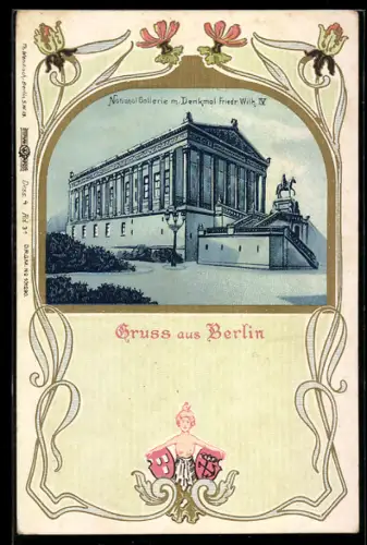 Lithographie Berlin, National-Galerie mit Denkmal Friedrich Wilhelm IV. im Jugendstil-Passepartout