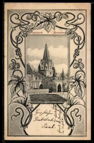 AK Ingolstadt, Kreuzthor im Jugendstil-Passepartout mit Ranken