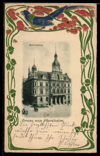 AK Pforzheim, Rathaus im Jugendstil-Passepartout mit Vogel