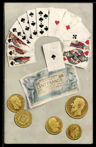 AK Kartenspiel mit Einhundert Francs-Schein