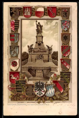 AK Niederwald, Das National-Denkmal, Wappen von Reuss, Anhalt, Lippe, Hannover, Preussen, Sachsen, Waldeck