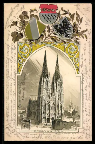 Passepartout-Lithographie Köln, Dom Aussenansicht, drei Wappen und Zweige