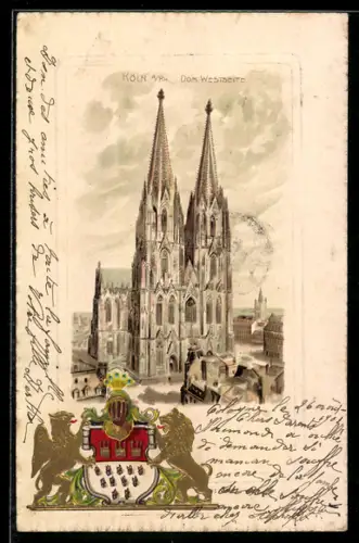 Passepartout-Lithographie Köln, Dom Westseite, Stadtwappen