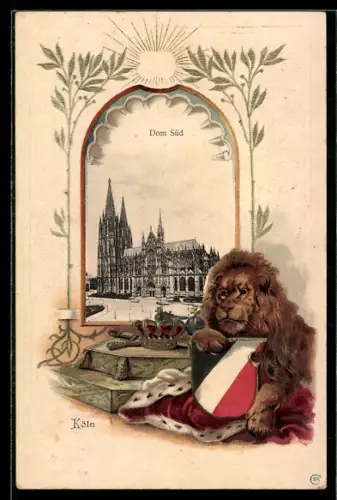 Passepartout-Lithographie Köln, Südseite des Doms und Löwe mit Schwarz-weiss-rotem Wappen im Passepartout
