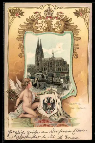 Passepartout-AK Köln a / Rh., Dom Südseite u. Wappen