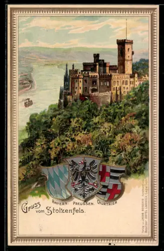 AK Stolzenfels, Ansicht mit Schloss, geprägte Wappen