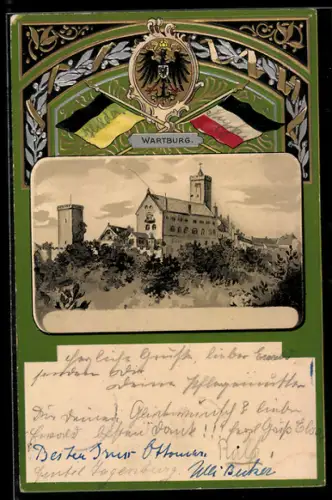 Passepartout-Lithographie Eisenach, Wartburg, Marine- u. Kolonialausstellung 1901, Wappen