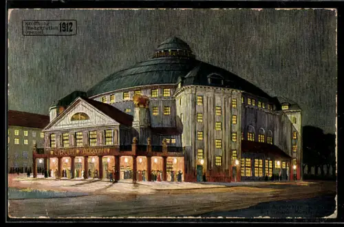AK Dresden-Neustadt, Zirkus Stosch-Sarrasani bei Nacht, Eröffnung 1912, Strassburger Platz