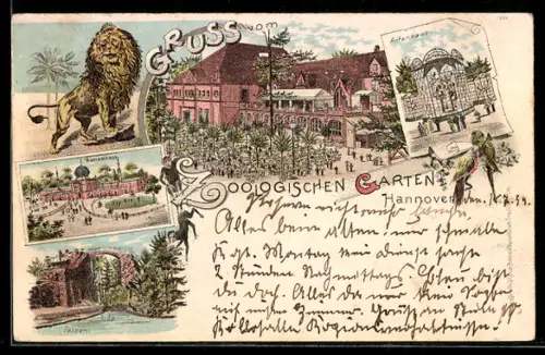Lithographie Hannover, Kamelhaus, Felsen und Affenhaus im Zoologischen Garten