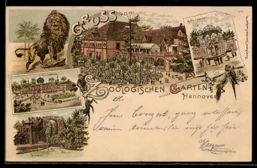 Lithographie Hannover, Zoologischer Garten, Affenhaus, Kamelhaus und Felsen