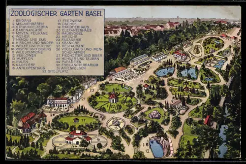AK Basel, Vogelschau auf den Zoologischen Garten mit Legende