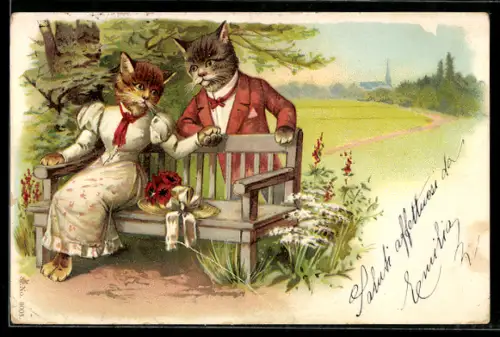 Lithographie vermenschlichtes Katzenpaar verliebt auf einer Parkbank sitzend