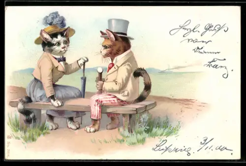 Lithographie elegantes Katzenpaar am Meer