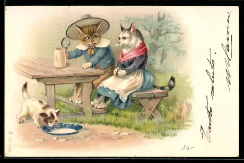 AK vermenschlichte Katzen sitzen als Liebespaar auf einer Bank