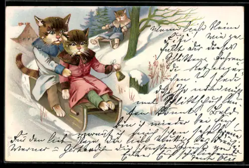 AK Katzen beim Schlittenfahren