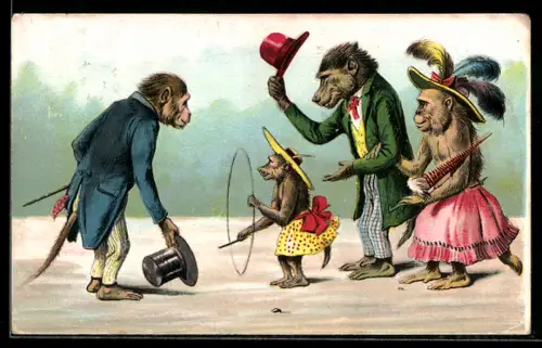 AK Vermenschlichte Affen bei einem Sonntagsspaziergang