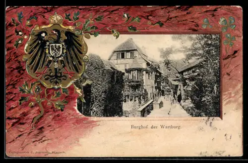 Passepartout-Lithographie Wartburg, Partie im Burghof mit Wappen