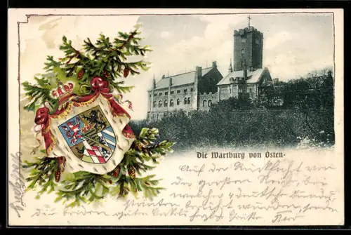 Passepartout-Lithographie Wartburg, Ostansicht der Burg mit Umgebung und Wappen