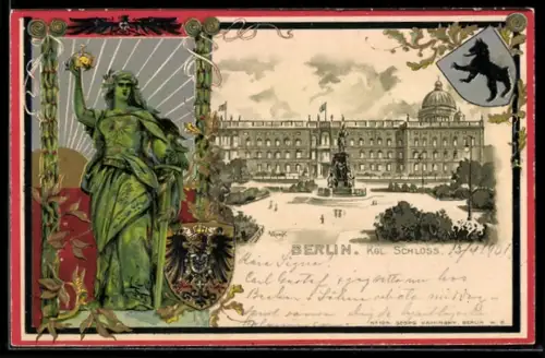 Passepartout-Lithographie Berlin, Partie am Königlichen Schloss mit Wappen