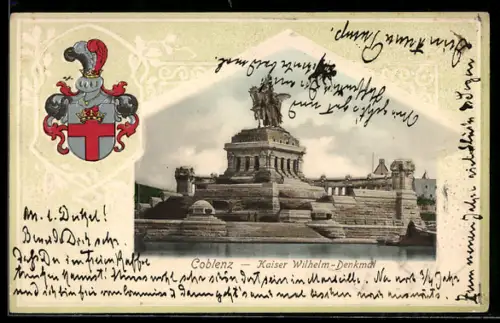 Passepartout-Lithographie Coblenz, Partie am Kaiser Wilhelm-Denkmal mit Wappen des Ortes