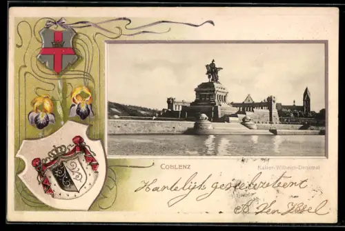 Passepartout-Lithographie Coblenz, Partie am Kaiser-Wilhelm-Denkmal mit Wappen