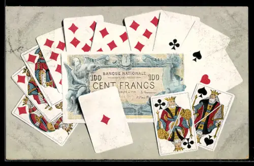 AK Kartenspiel um einen Einhundert Francs-Schein angeordnet