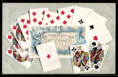 AK Spielkarten um einen Einhundert Francs-Schein angeordnet