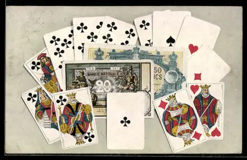 AK Spielkarten um Francs-Scheine angeordnet