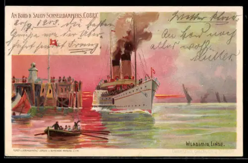Künstler-AK Wladimir Linde: Salon-Schnelldampfer Cobra bei der Hafeneinfahrt