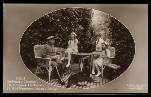 AK Grossherzog von Oldenburg mit Prinzessin Eitel Friedrich & Prinzessinnen Ingeborg & Altburg auf der Gartenterrasse