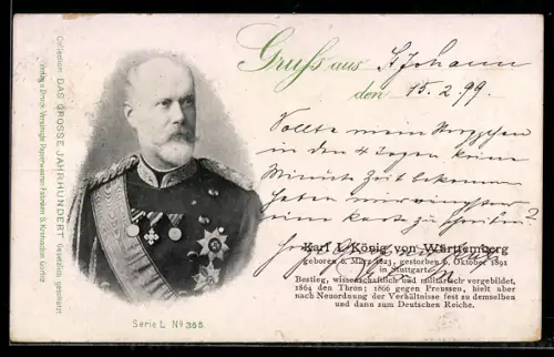 AK Portrait von Karl I., König von Württemberg in Uniform mit ORden