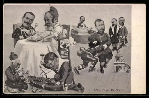 AK Karikatur der grossen Herrscher m. Zar Nikolai von Russland, Kaiser Wilhelm II. m. Papierboot