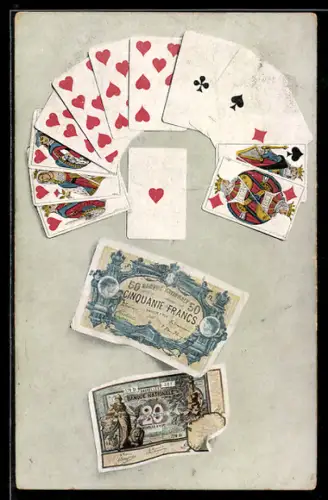 AK Kartenspiel und französische Banknoten