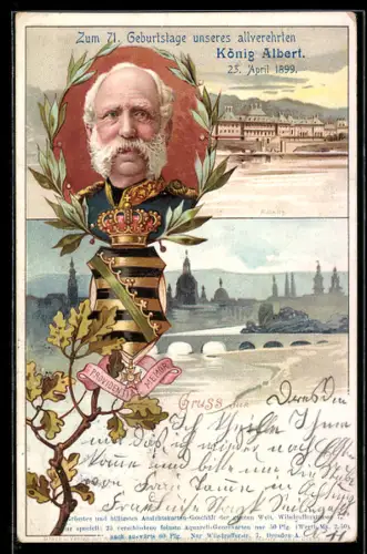 Lithographie Dresden-Pillnitz, Portrait König Albert von Sachsen