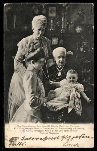AK Königin Marie von Hannover, Herzogin Thyra v. Cumberland, Prinzessin Max von Baden und Tochter Alexandra