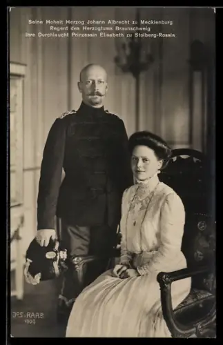 AK Porträt Herzog Johann Albrecht von Mecklenburg und Prinzessin Elisabeth zu Stolberg-Rossla