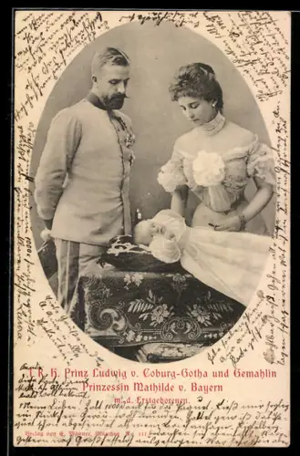 AK Prinz Ludwig von Sachsen-Coburg mit Prinzessin Mathilde von Bayern und dem Erstgeborenen