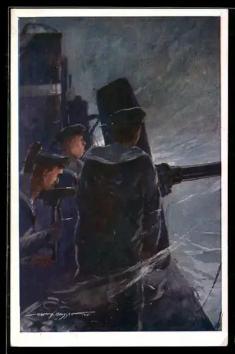 Künstler-AK Harry Heusser: Am Geschütz eines Hochseetorpedobootes