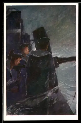 Künstler-AK Harry Heusser: Am Geschütz eines Hochseetorpedobootes