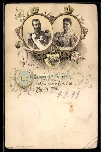 AK Zar Nikolaus II. von Russland mit Gemahlin im Porträt, Erinnerung an den Besuch in Paris 1896