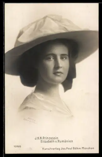 AK Prinzessin Elisabeth von Rumänien in jungen Jahren mit Hut
