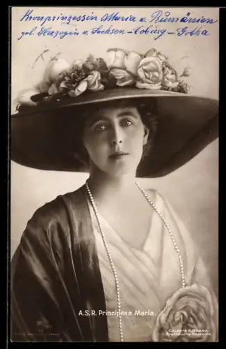 AK Principesa Maria von Rumänien im eleganten Kleid mit grossem Hut